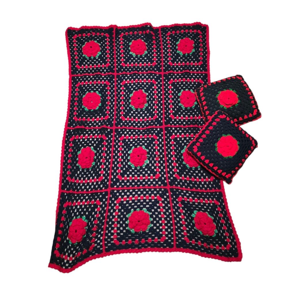Handmade Crocheted Granny Square 3D Rose Floral Afghan Blanket 57”X38” & Pillow